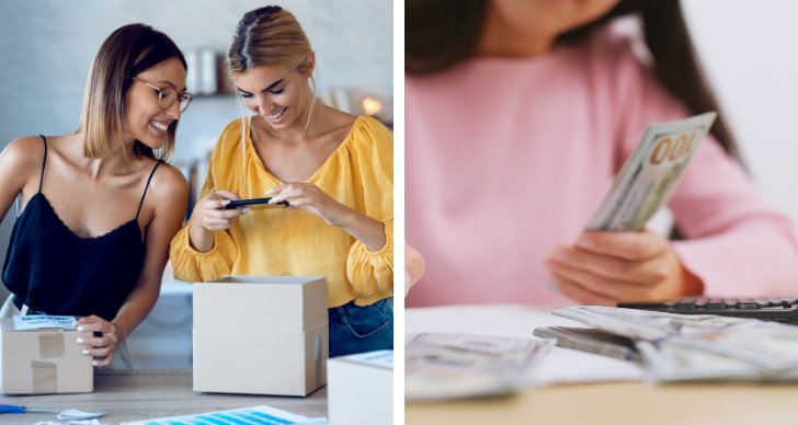 Tjejer säljer saker online och räknar pengar